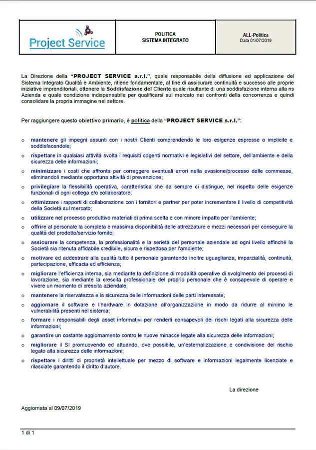project service certificato politica aziendale